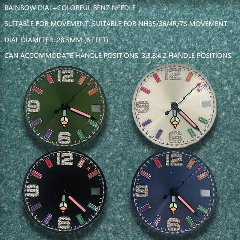 28.5mm watch dial 28.5mm dial and needle sun pattern rainbow inlaid brick scale suitable for NH35 NH36 4R36 7S Movement