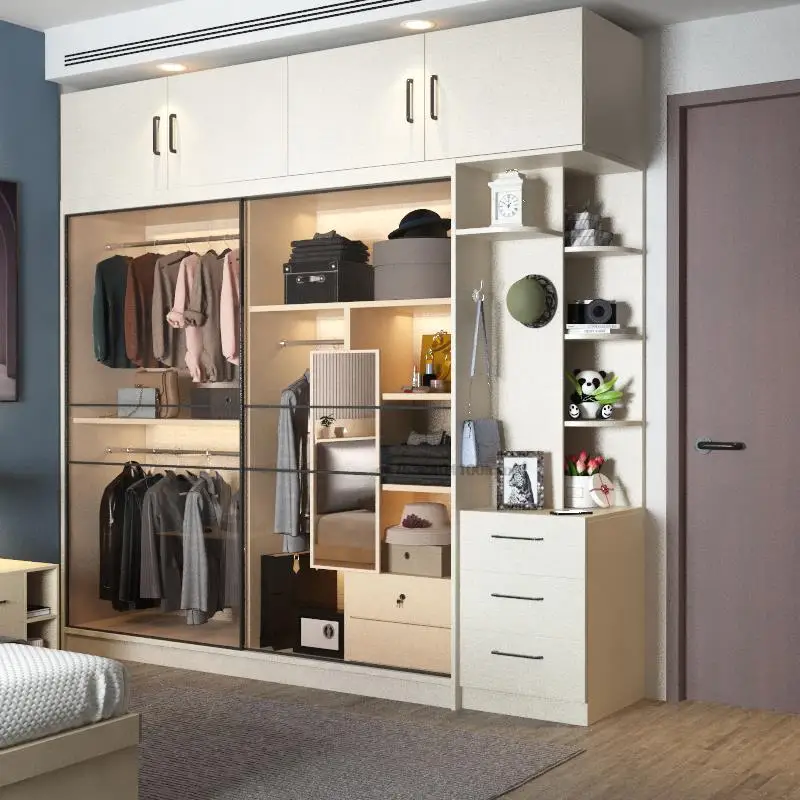 

Solid Wood Sliding Door Wardrobe Modern Minimalist Nordic Storage Cabinet Home Bedroom Hanging Clothes Assembly Furniture