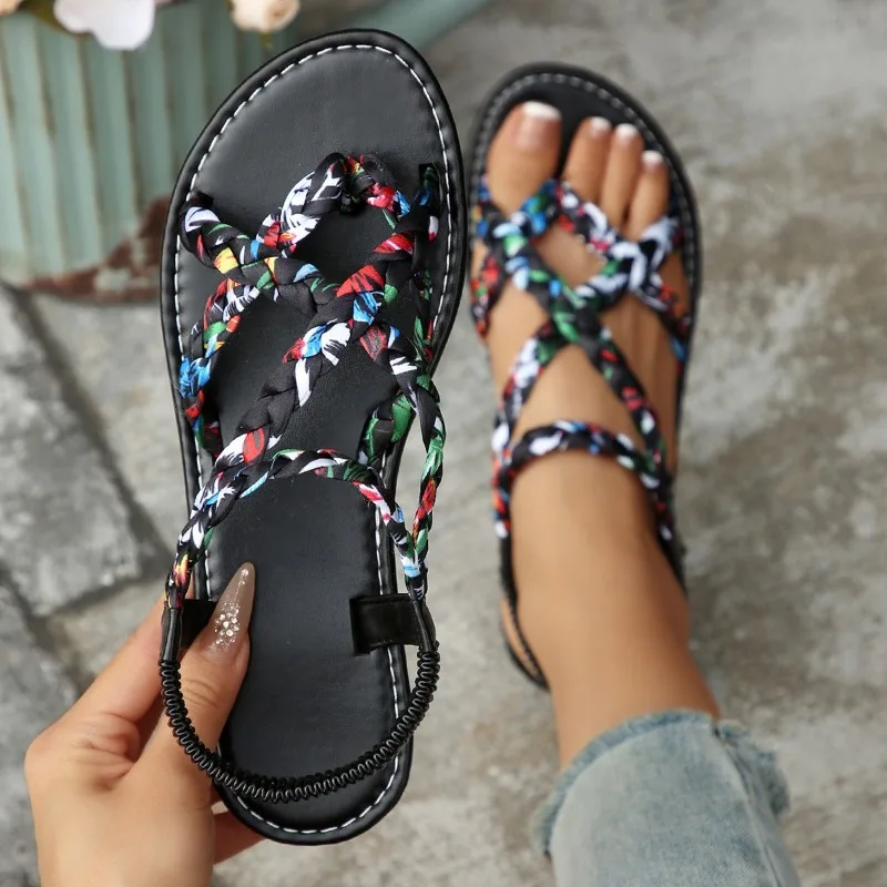 Women's Colorful Braided Thong Sandals – Crisscross Strap Elastic Backless Flat Sandals for Summer Beach Vacation Casual