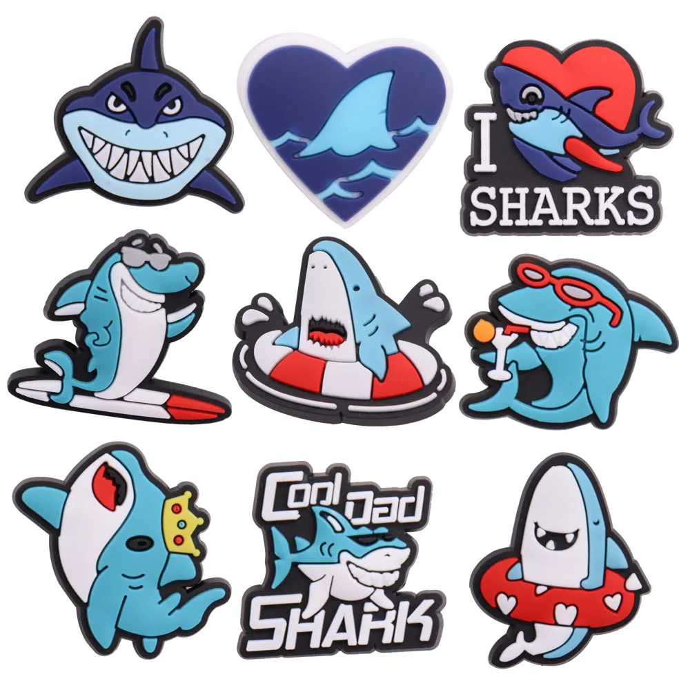 1-9Pcs Garden Shoe Accessories Marine Animals Cool Blue Sharks PVC Shoes Charms Sandals Ornaments For Boys Girls Party Present