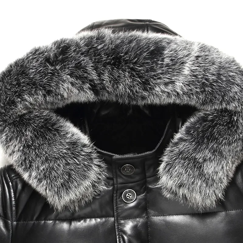 AYUNSUE Winter Genuine Leather Coat Men Leather Down Coat Fox Fur Hooded Thick Real Leather Sheepskin Coat MC16C601 LWL1074