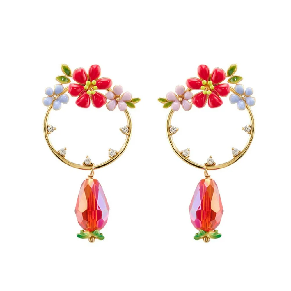 

Fairy Style Little Colorful Enamel Flower Cubic Zircon Circle Earrings Water Drop Pendant Niche Design Dangle Earrings for Girls