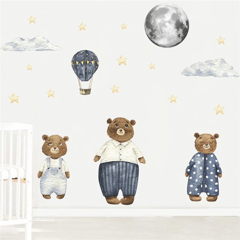 Cartoon Bear Family With Balloon Moon Star Wall Stickers For Kids Bedroom Decor Animal Mural Art Diy Home Decal Pvc Poster