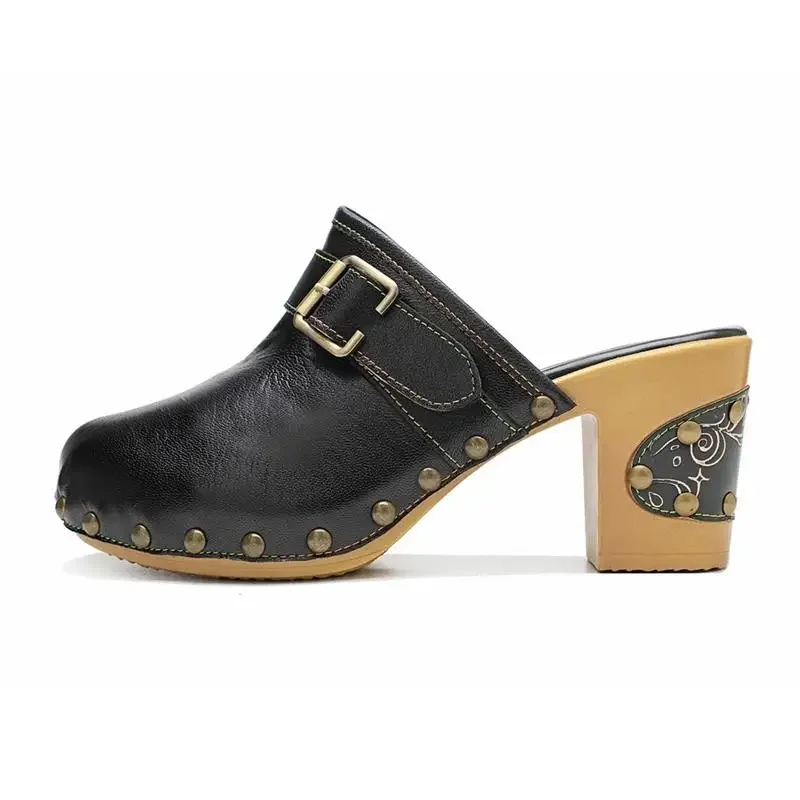 Shoes For Women Sandals Fashion Basic Ethnic Retro Genuine Leather Square heel 7.5CM Round Toe Casual Women Shoes 36-42