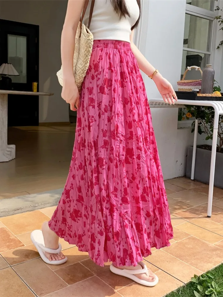 

New Spring Summer Women High Waist Slim Long Skirt High Quaility Monet Oil Painting Fashion Folds Sweet Floral Skirt 2024