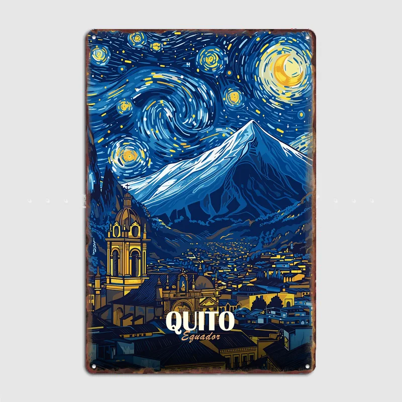 Quito, Ecuador: Paisaje urbano nocturno estrellado, cartel vintage, cartel metálico, decoración personalizada para habitación, carteles decorativos para el hogar, decoración de pared interior