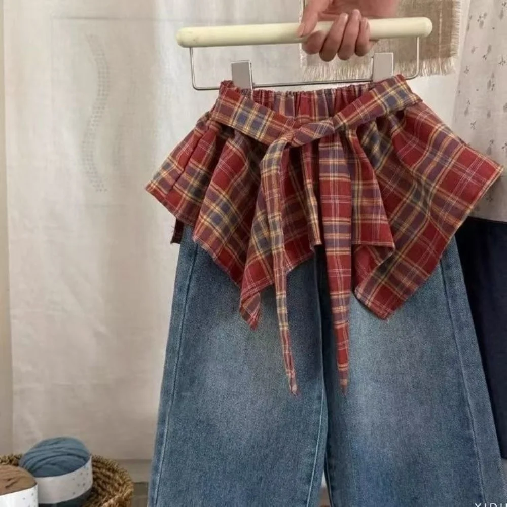 

Girl Super Good-looking Retro Red Checkered Lace Up Fart Curtain Denim Skirt Pants Girls' Pants 2025 New Stylish Little