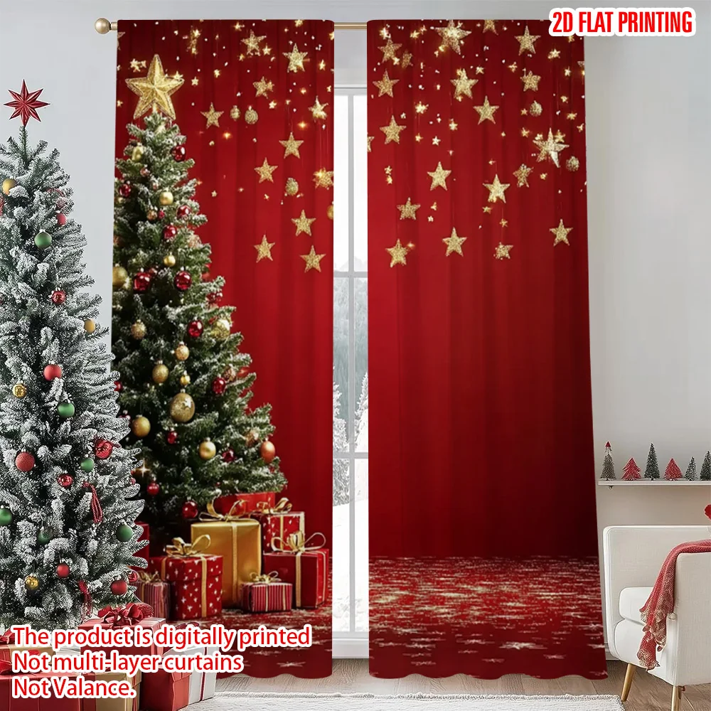 

2pcs 2D flat printing Merry Christmas Popular Curtains red Star Versatile Durable Polyester Without Electricity Spring Perfect