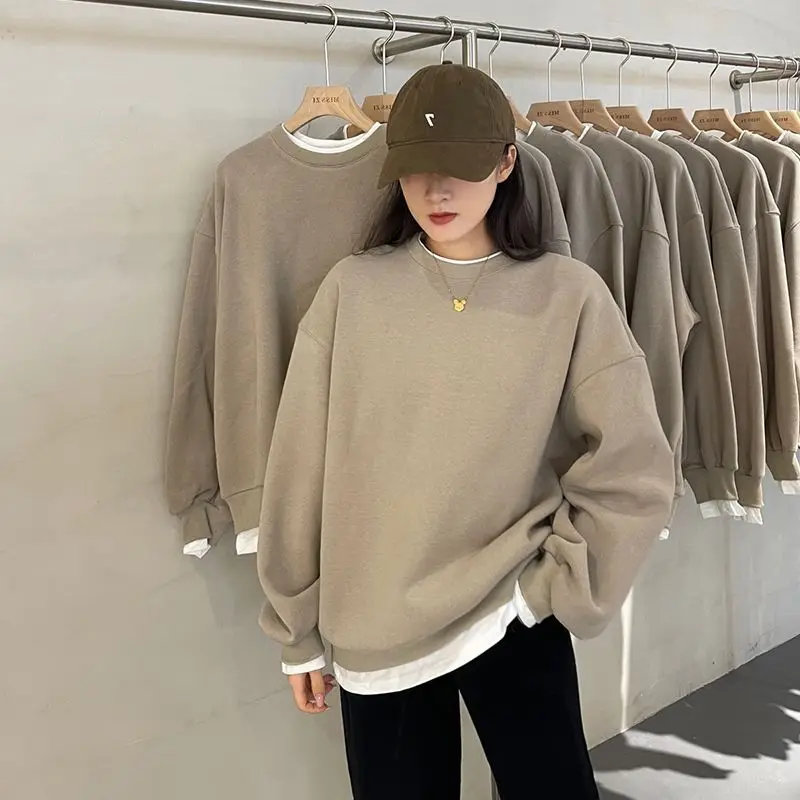 Autumn and Winter Women\'s Round Neck Long Sleeved Fake Two Pieces Loose Pullovers All Match Korea Fashion Classic Casual Tops