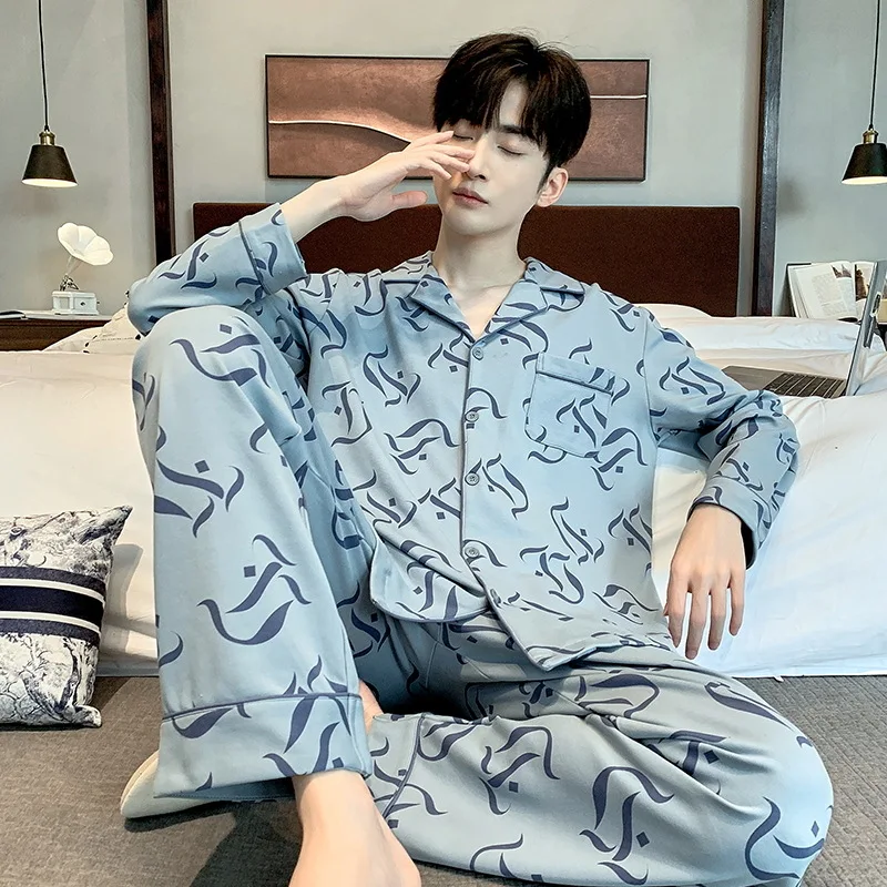 Spring Autumn Men's Cotton Pajama Set Lapel Long Sleeve Cardigan Pants Loose Fitting Casual Comfortable Home Clothing