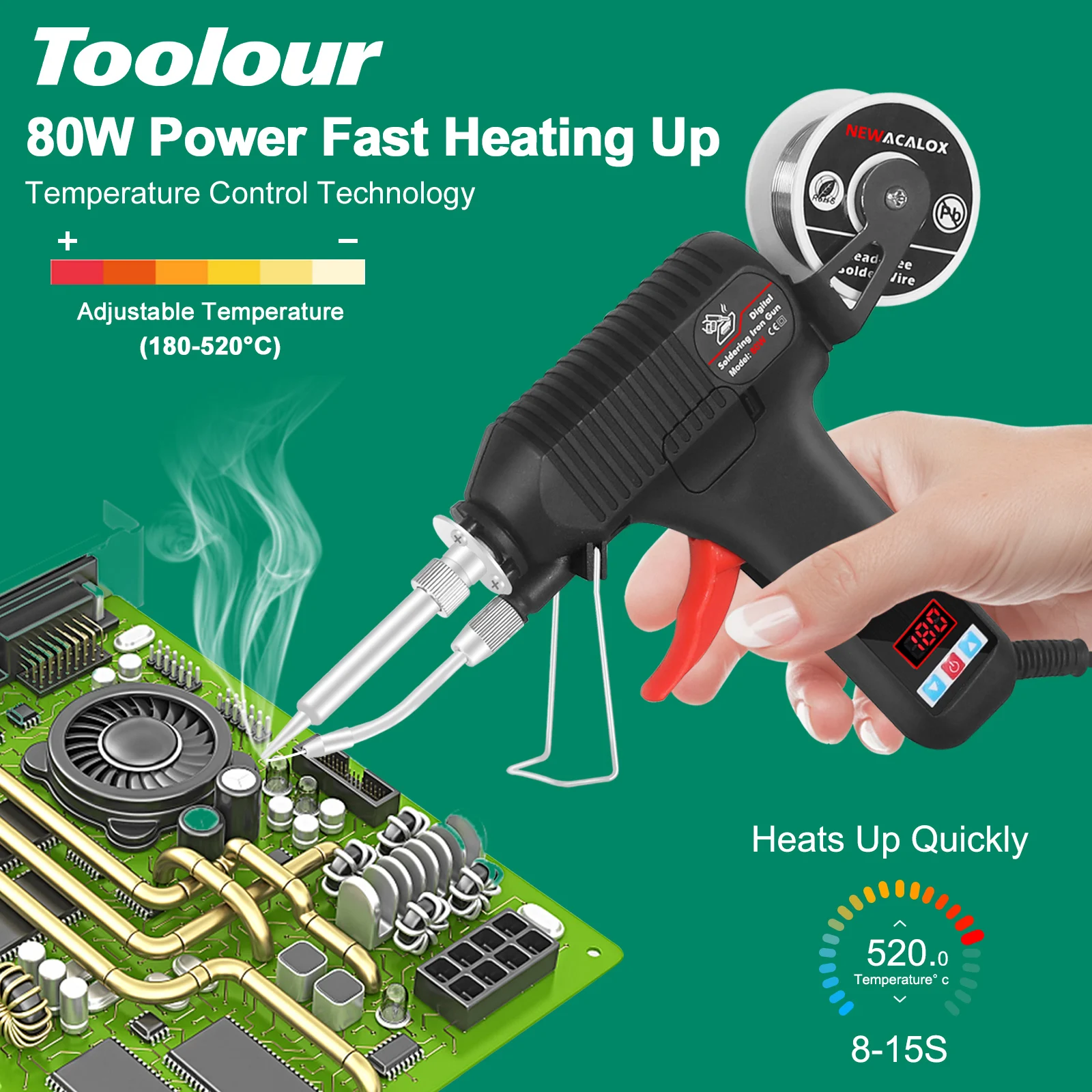 Toolour 80W LED Digital Soldering Gun Kit with Adjustable Temp 180-520°C Auto Send Tin Soldering Iron Kit for Welding Repair