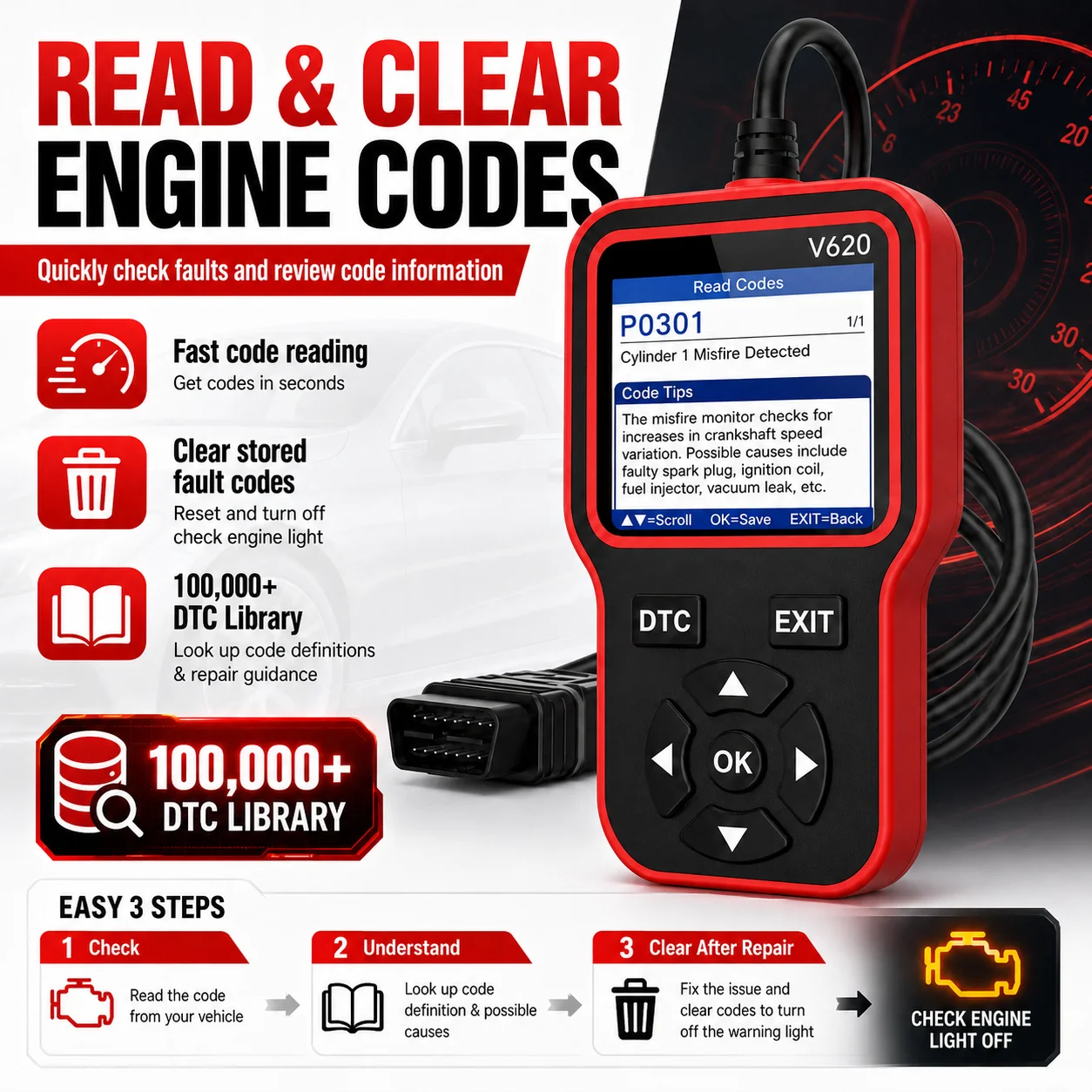 V620 OBDII Scanner Automotive Diagnostic Tool Read Erase Fault Codes I/M Readiness Check Vehicle Information Car Code Reader