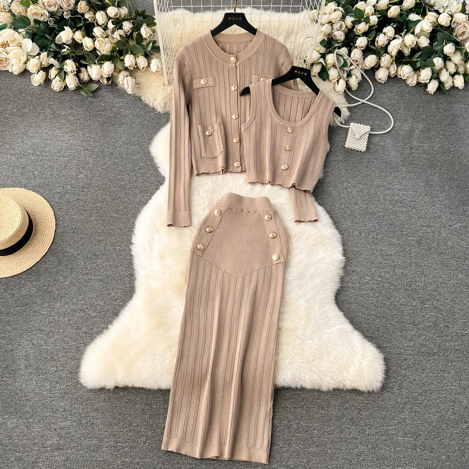 2024 Spring hollow  Knitted Suits Elegant 3 Piece Dress Set Women Outwear  Korea Fashion Sweater Dress Female