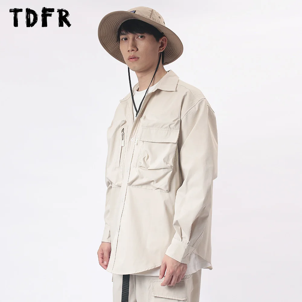 Pocket Cargo Shirts Mens Casual Solid Color Safari Style Curved Hem Loose Lapel Single Breasted Long Sleeve Shirts Men