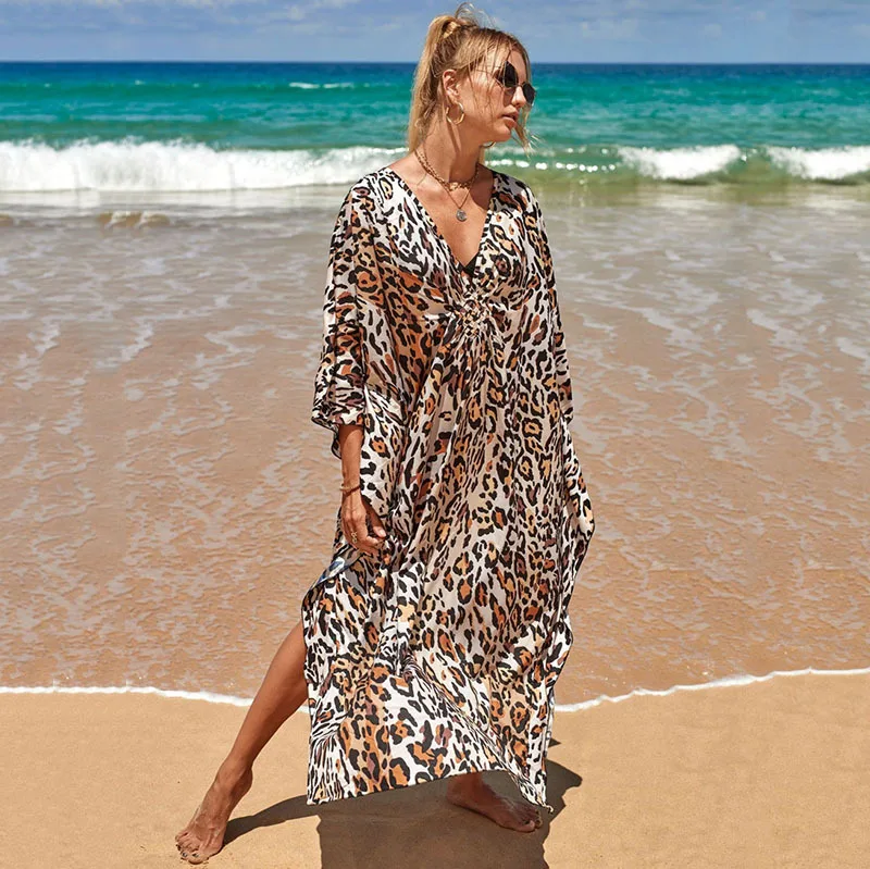 Loose Kaftan Leopard Summer Beach Dress V Neck Long Tunic Women Beach Wear Swim Suit Cover Up Robe De Plage
