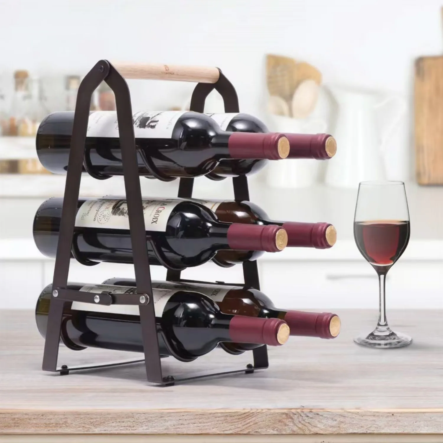 Creative iron wood combination foldable wine rack 6 bottles tabletop wine rack Living room bar display wine cabinet storage rack