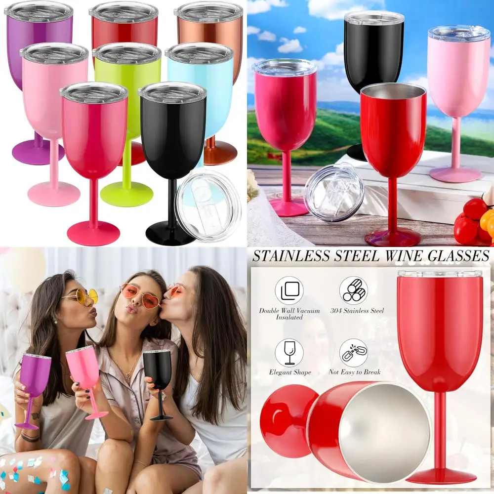 

Set of 8 Double-Walled Insulated Stainless Steel Wine Glasses with Lids, 12 oz Capacity, Unbreakable Design