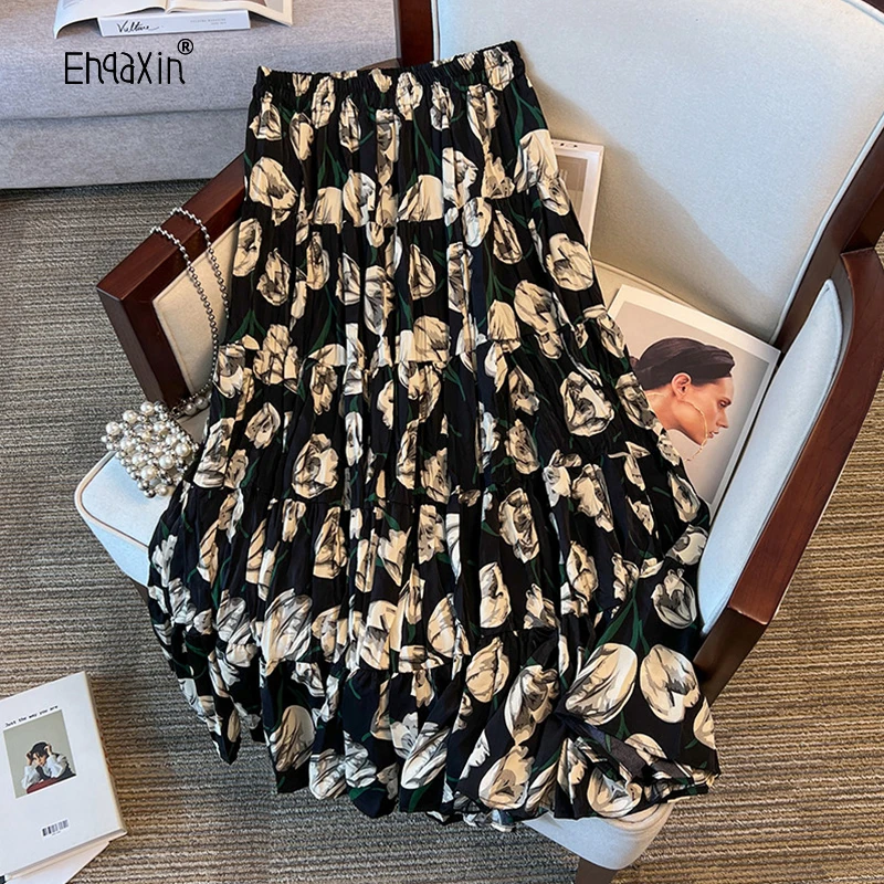 EHQAXIN 2024 New Summer Women's Skirt Casual Sweet Chiffon High Waist Fragmented Flower A-Line Fashion Skirts Ladies L-5XL