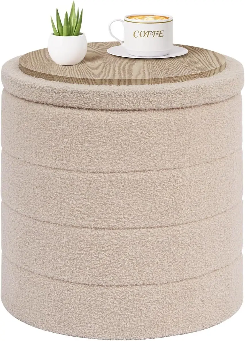 

Round Velvet Storage Ottoman with Tray, Folding Foot Rest Stool for Living Room and Bedroom in Beige