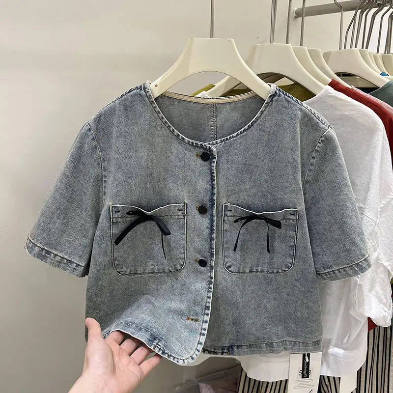 Bow Tie Denim Jacket Women 2024 Summer New Short T-shirt Loose Fashion Short-sleeved Single-breasted Tops Cute Girls Blouse Coat