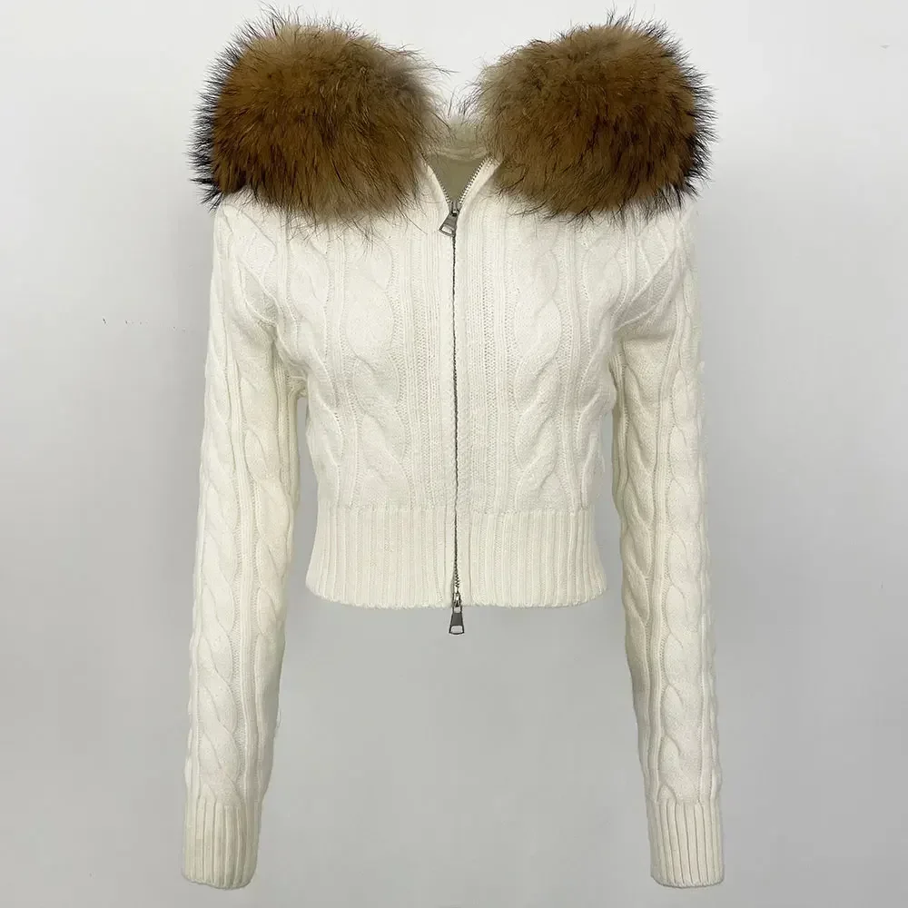 Sweater Jacket Cardigan for Women Cardigan Coat Knit Outerwears Autumn Winter 2024 Real Fur Knitwear Coat Fashion Fur Jacket