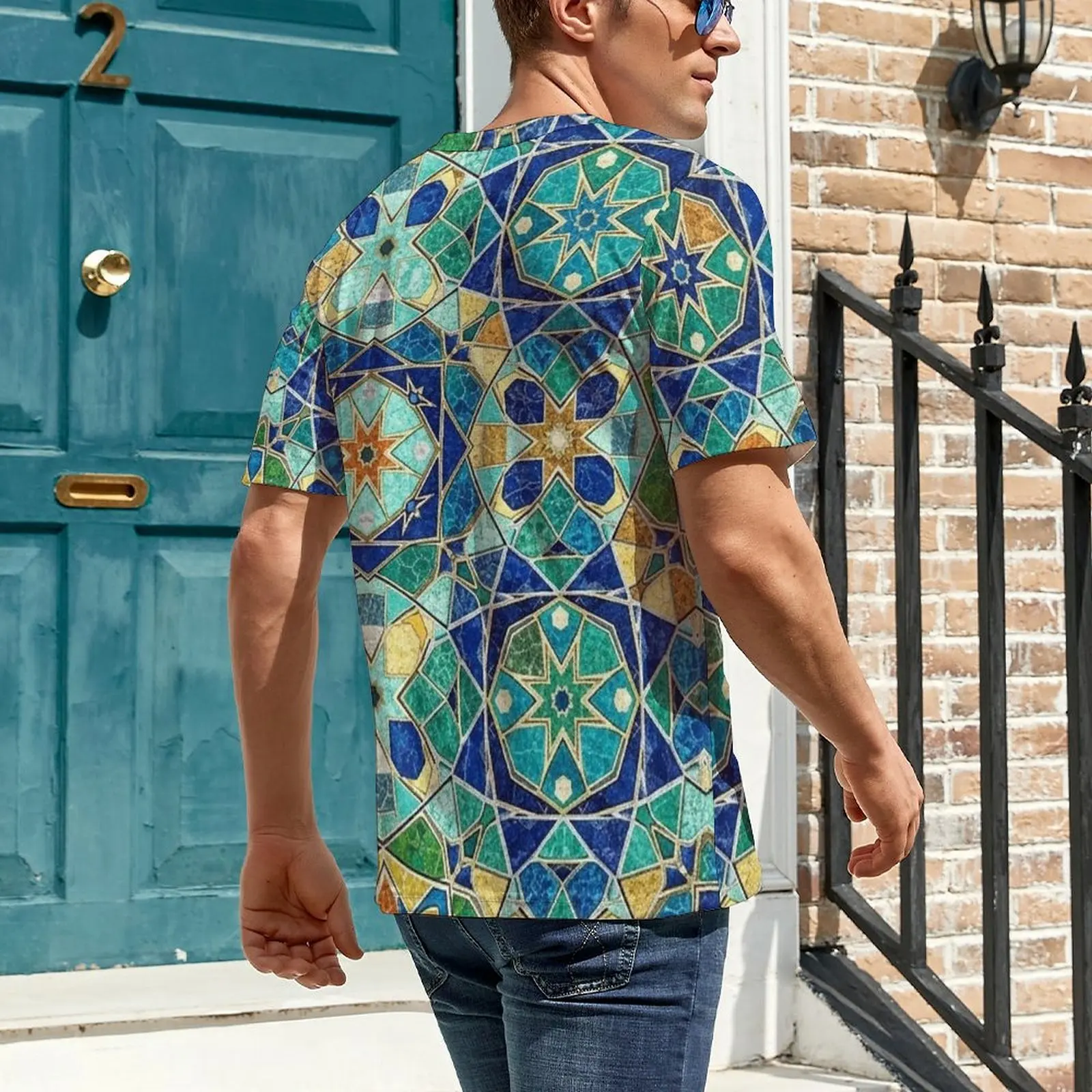 Men Vintage Multicolor Islamic Star Tile T Shirt Novelty T-Shirts Short Sleeve Pattern Tops Summer Classic Oversized Top Tees