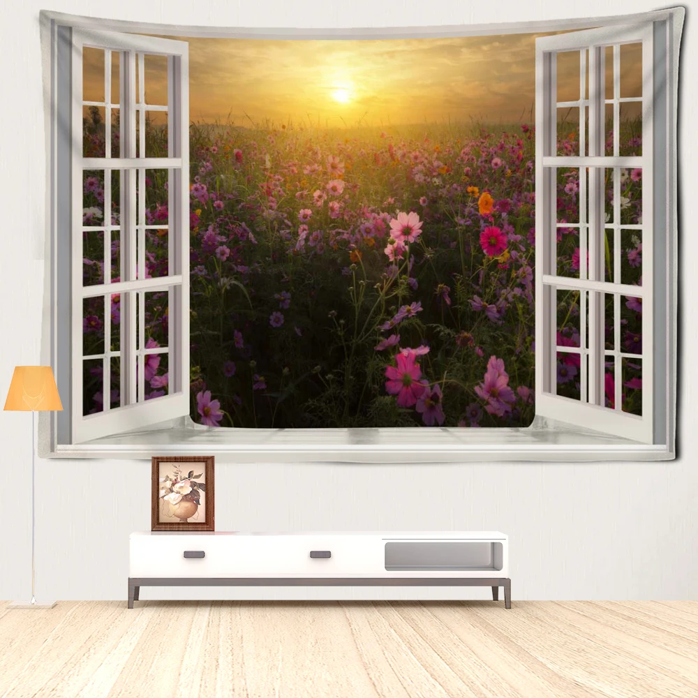 

Window Flower Field Landscape Tapestry Wall Hanging Natural Scenery Bohemian Bedroom Living Room Home Decor