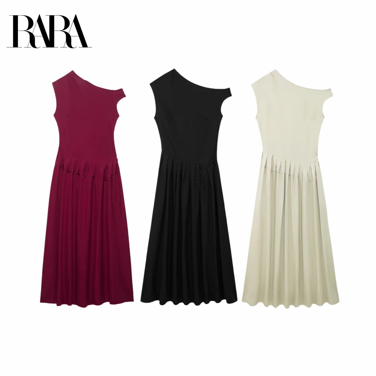 

RARA Womens Design - inspired Asymmetrical Neckline Mid - length Dress with Pleated Hem Stylish and Distinctive