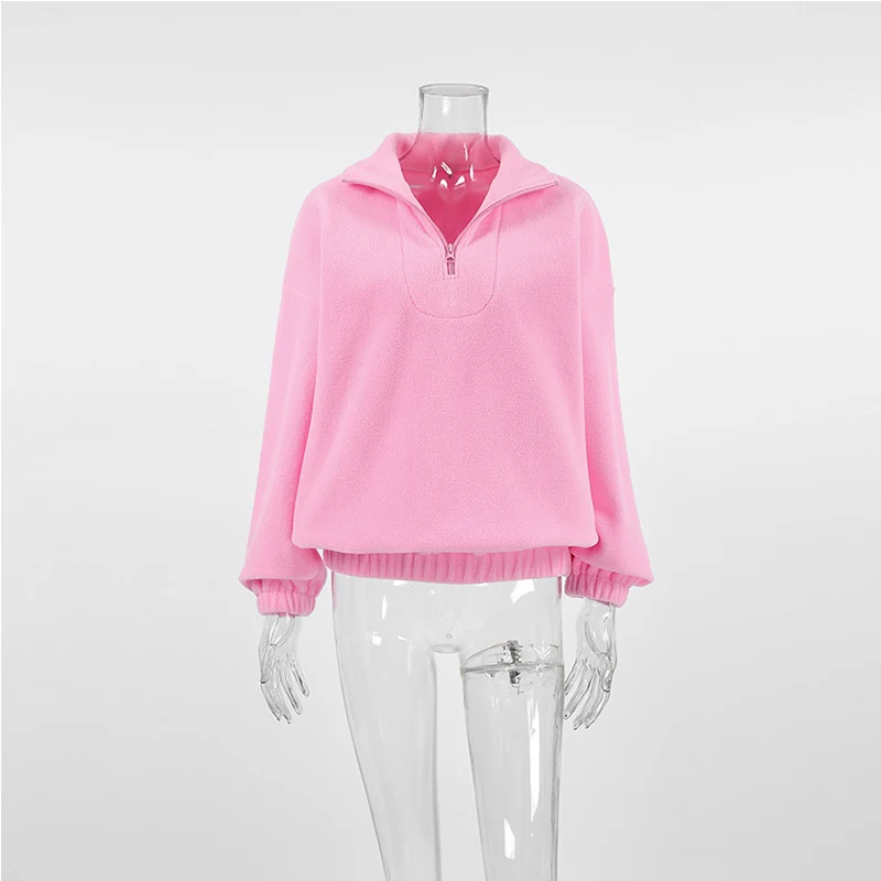 Casual Fleece Lapel Sweatshirt Women Pink Loose Zippers Long Sleeve Pullovers 2024 Autumn New Lady Fashion All-match Outwear