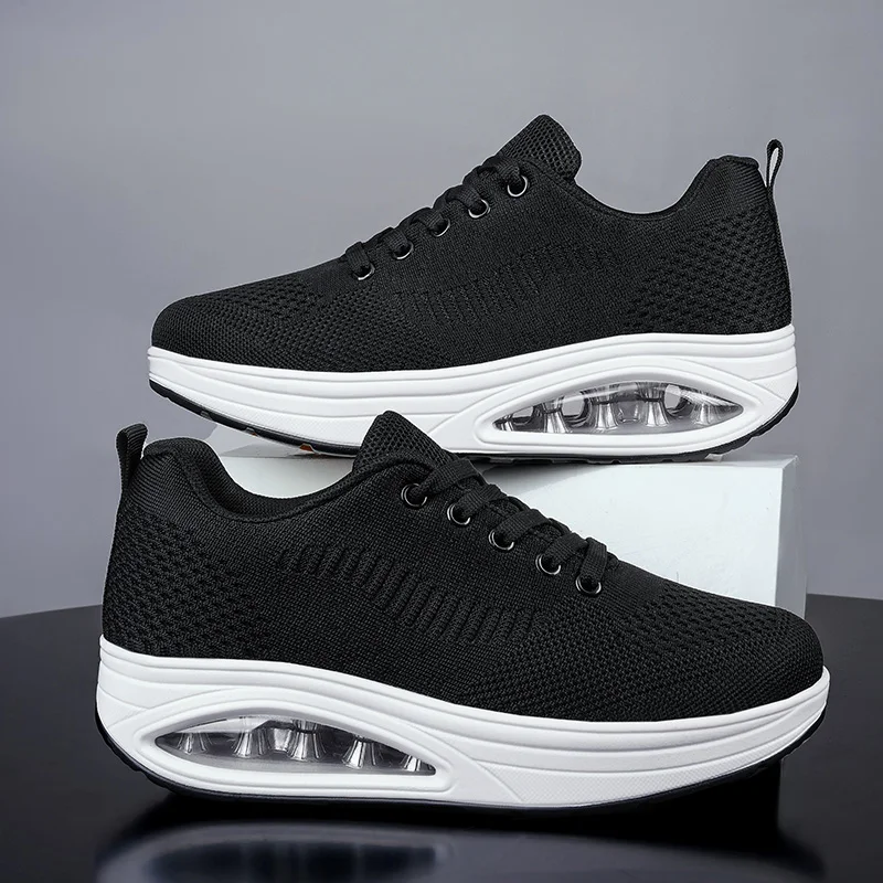 Women's Shoes, Black Running Sneakers, Mesh Breathable Casual Shoes, Air-Cushioned Travel Shoes, Non-Slip Thick-Soled Shoes