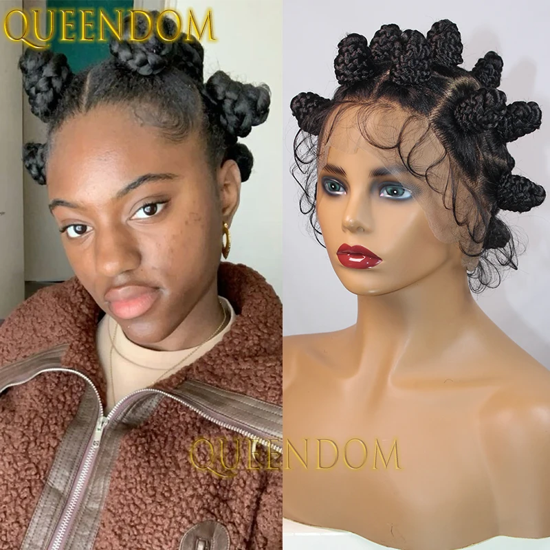 Synthetic Bantu Knots Braided Wig Knotless Heat Resistant Crochet Braid Wigs For Black Women Full Lace Distressed Box Braids Wig