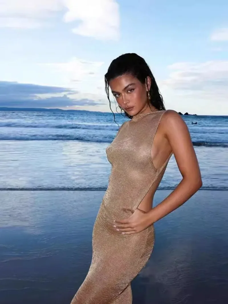 

Sexy Sequin Backless Beach Dress Women Thin Sleeveless Glitter Splits Long Dresses 2025 New Summer Fashion Female Maxi Vestidos