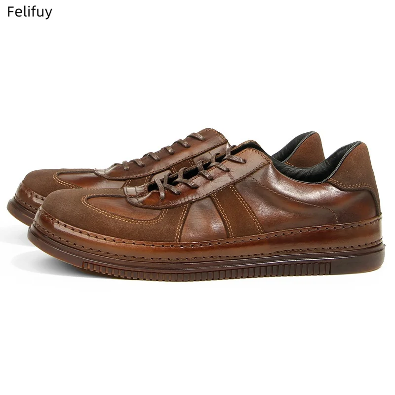 Designer Brown Men Casual Flat Shoes Genuine Leather Comfortable Men Sneakers Vintage Man Footwears Boy Lace Up Casual Male Shoe