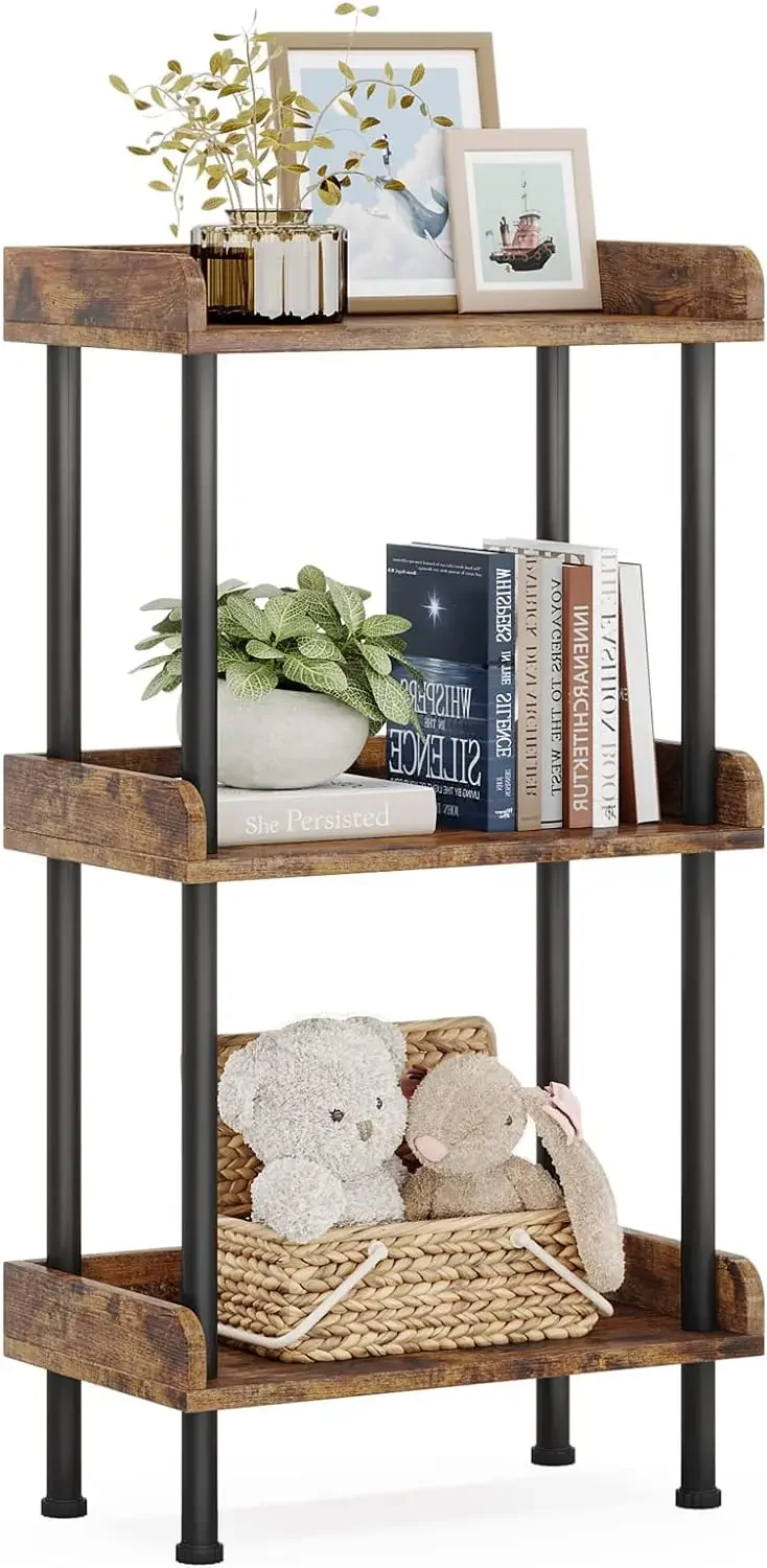 Bookshelf Small Book Shelf 3-Tier Wood Bookcase Industrial Bookshelf Metal Standing Book Shelves Display Book Rack NEW USA