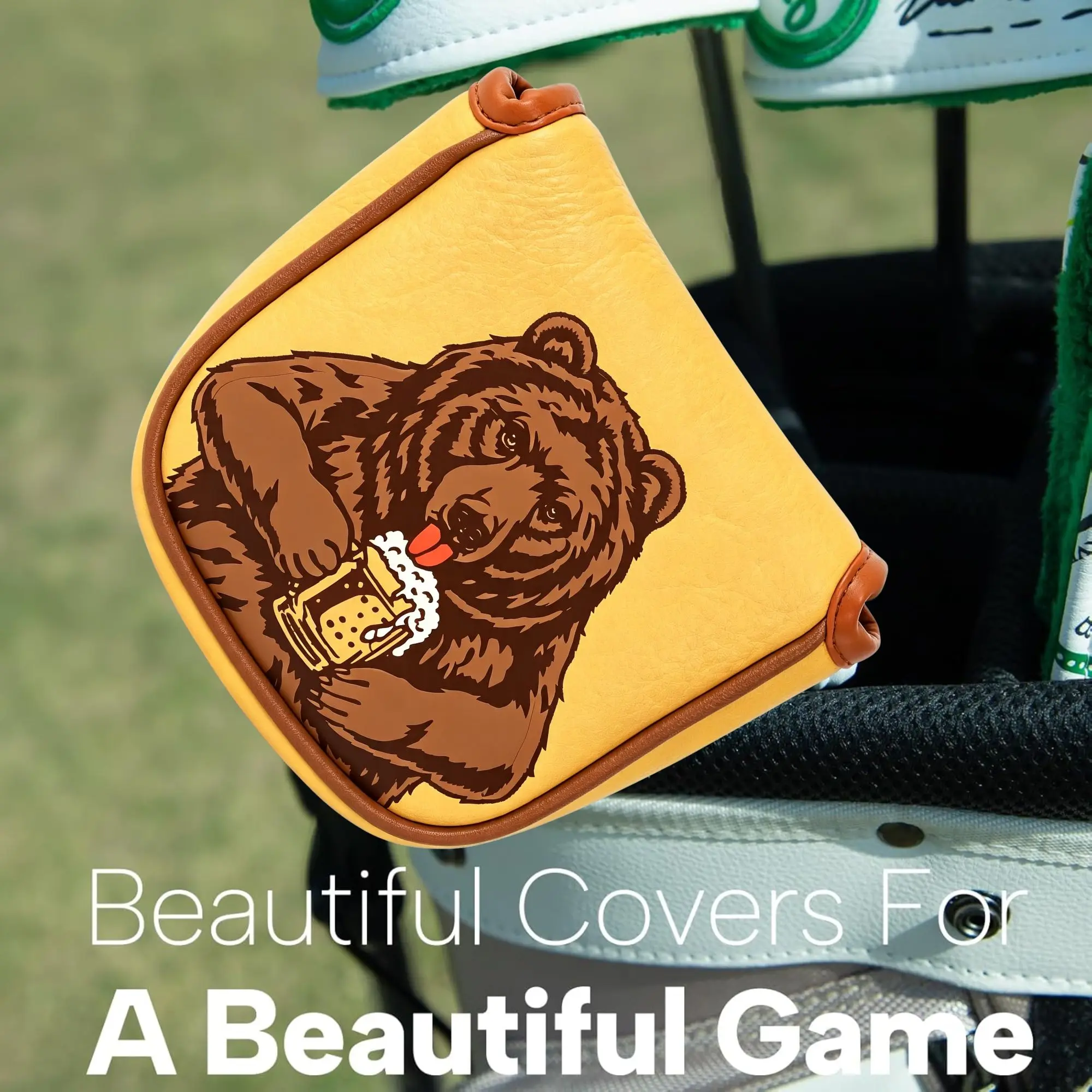 Skull Embroidered Golf Mallet Putter Headcover with Beer Bear Design for Most Brand,Golf Accessories for Men Golfers Christmas view 3