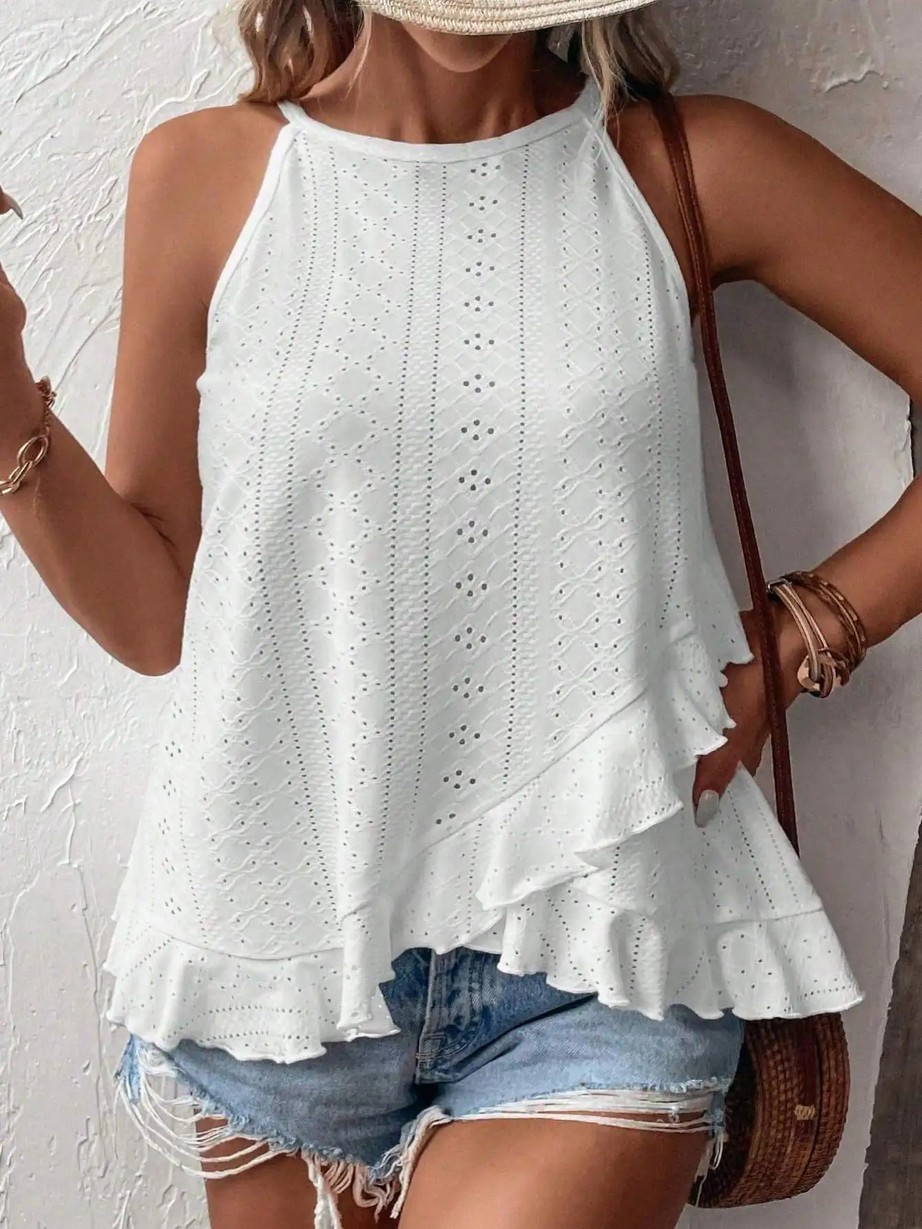 Women's Plus Size Eyelet Halter Tank Top, Casual Sleeveless Ruffled Hem Blouse, Loose Summer A-Line Camisole For Ladies