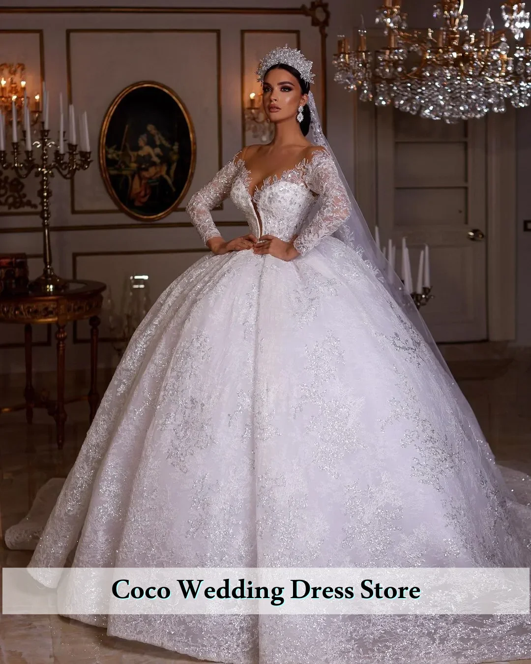 فساتين زفاف فاخرة مخصصة من الدانتيل اللامع ورقبة على شكل V بدون أكتاف وأكمام طويلة وخرز لؤلؤ ترتر فيستدوس دي نوفيا