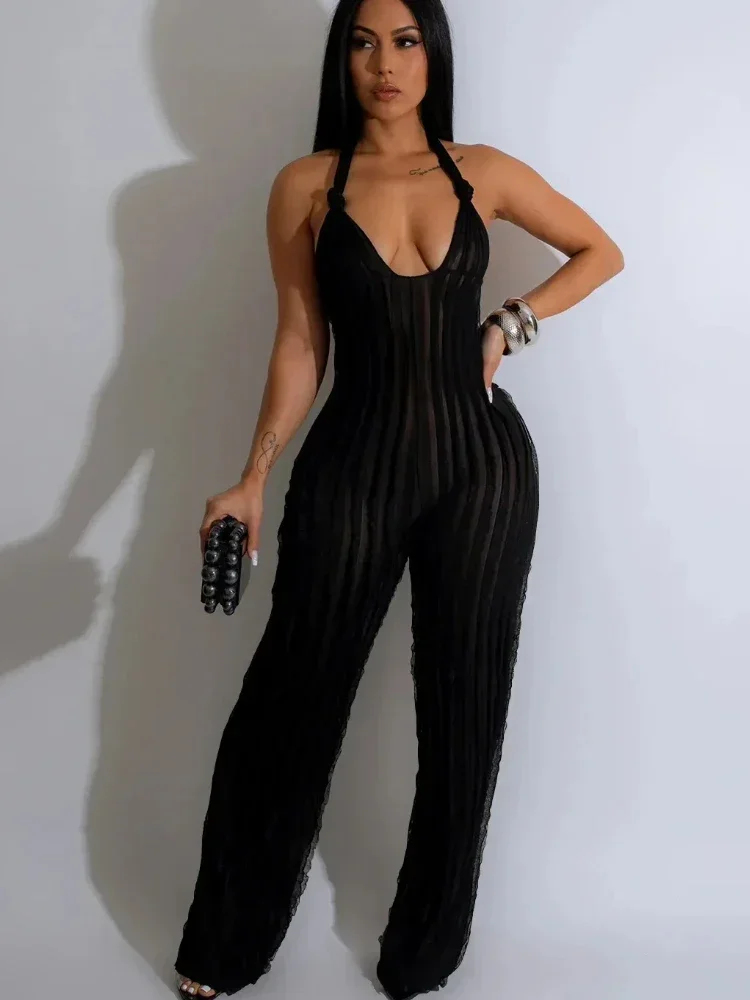 

XIZOU Fashion Ruffles Women Halter Deep V-neck Backless Wide Leg Jumpsuit 2024 Sleeveless Chic Playsuit One Piece Suit Romper