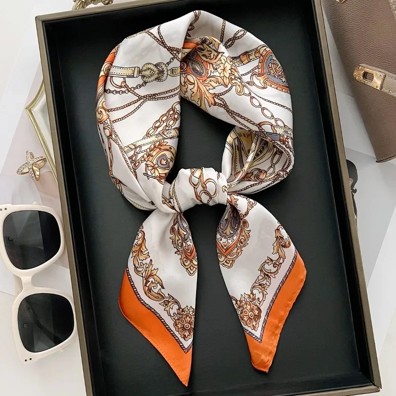70cm Retro British Chain Printed Silk Scarf Ring Chain Rope Scarves High-end and Versatile Temperament Headscarf Scarf Shawl
