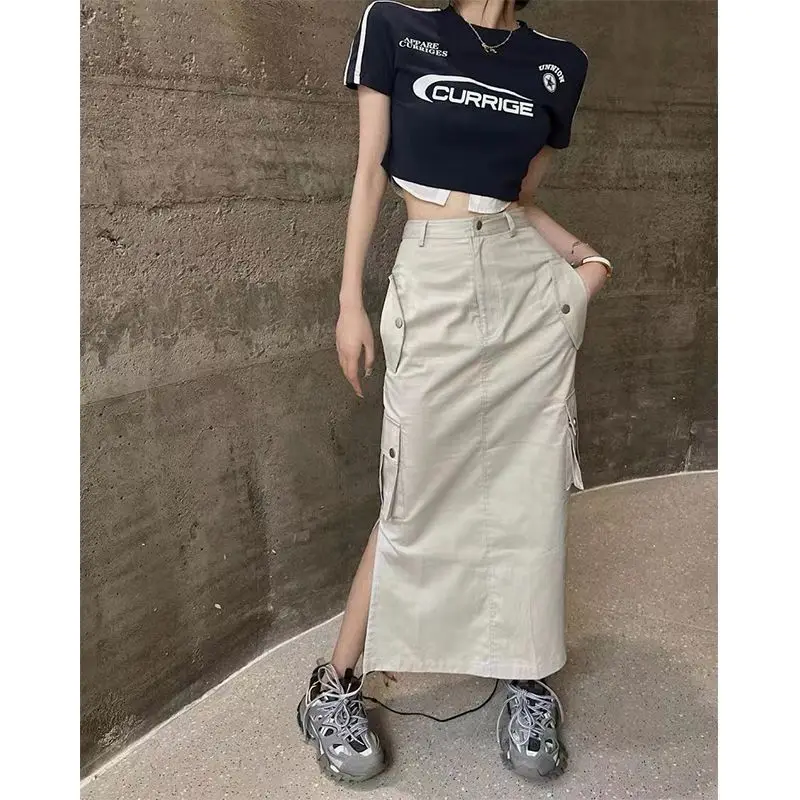 Y2K American Hot Girl Outfit Cropped Fake Two-Piece T-Shirt & High Slit Cargo Skirt Set Streetwear Summer Two Piece Set Fashion