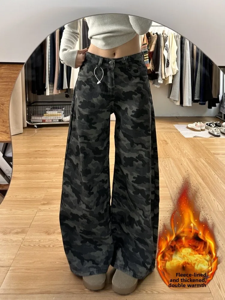 

plus Size American Style Fleece Lined Camouflage Workwear Jeans Women's Autumn Winter High Waist Slim Straight Wide Leg Pants
