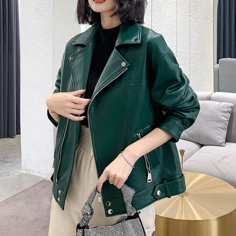 Women's Sheepskin Leather Jackets, Casual Lapel Coat, Drop Shoulder, Loose Temperament Outwear, Spring, Autumn