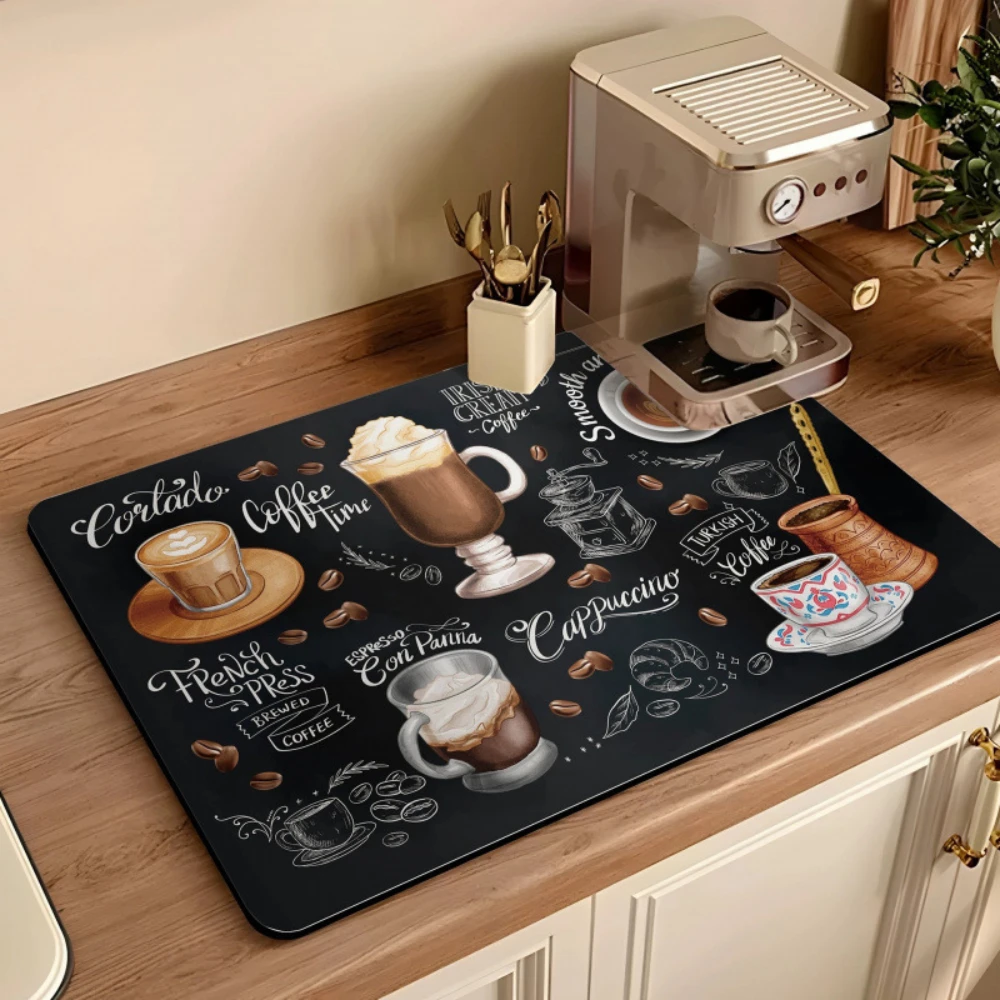 1pc Coffee Machine Pattern Mat Kitchen Counter Quick Water Absorption Utensil Drying Mat Desktop Drainage Mat Tableware Pad
