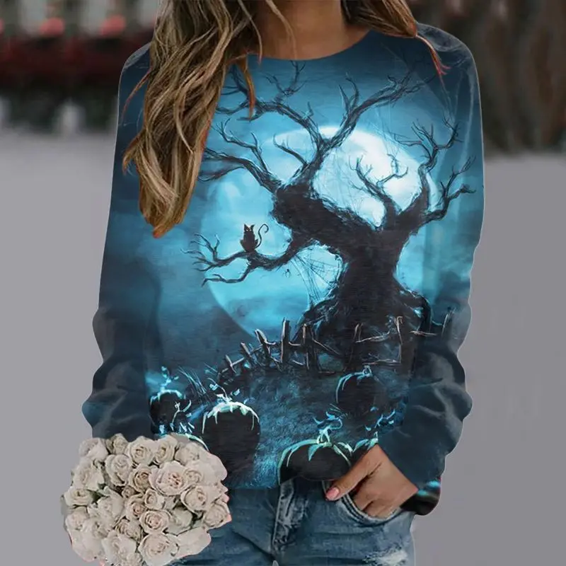 Halloween Thema 3D Gedrukt Patroon Lange Sve Top En Bot Set Dames Harajuku Sle Veelzijdige Kleding Ronde Ne