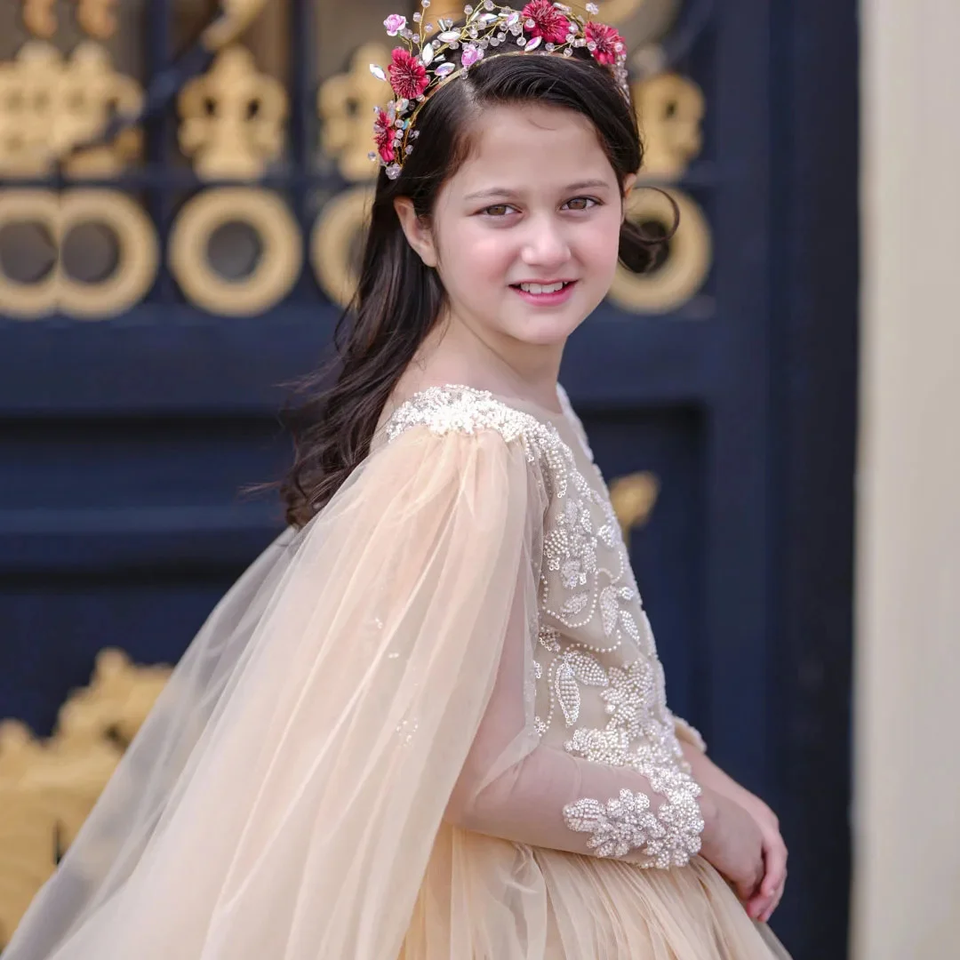 Customized Champagne Flower Girl Dress Tulle With Shawl Long Sleeve For Wedding Birthday Party Holy Communion Gown