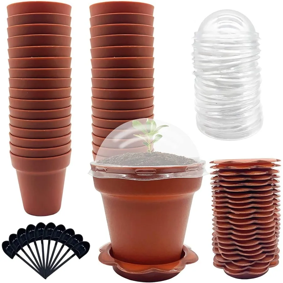 

30 Pack Cupcake Plant Nursery Pots with Humidity Dome Small Plastic Flower Pots with Saucers and Shovel for Indoor Outdoor Seed