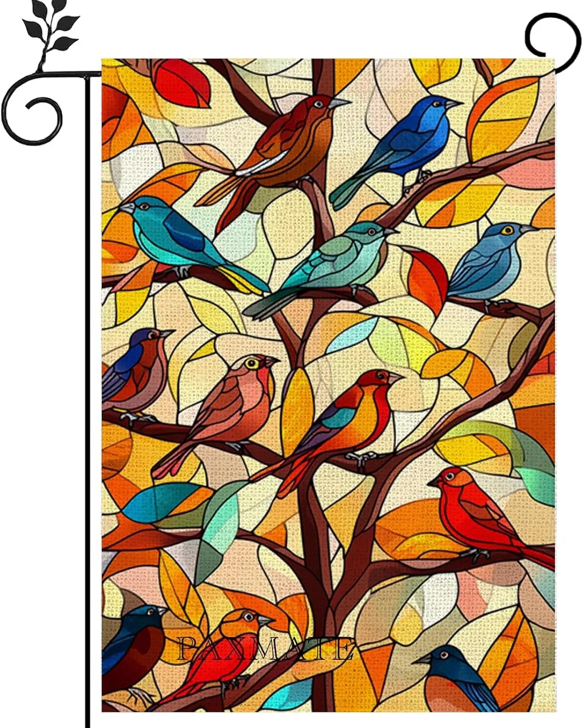Fall Garden Flag for Outside 12x18 Inch Double Sided, Stained Glass Autumn Maple Tree Birds Yard Flag for Thanksgiving Holid GGX
