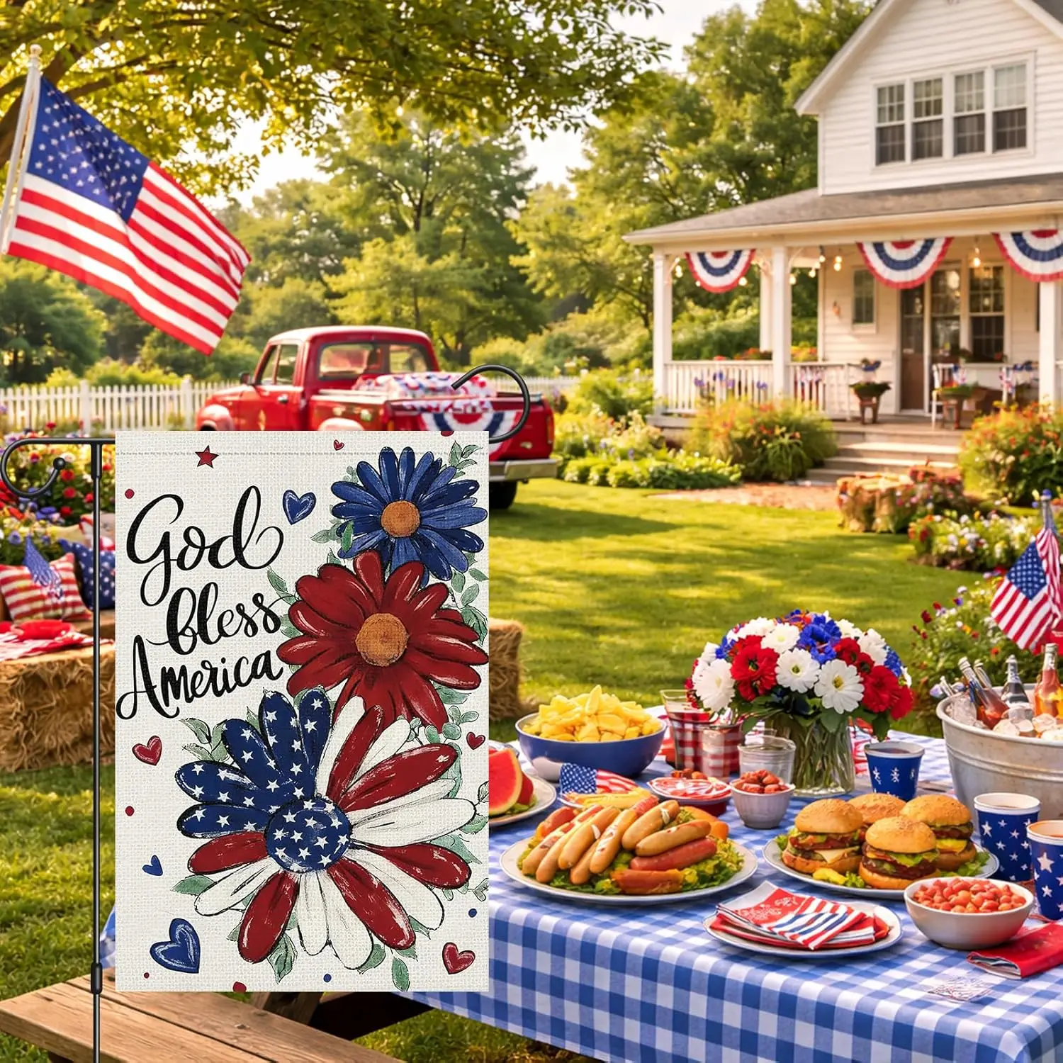 Heyfibro God Bless America Patriotic Garden Flag 12x18 Double Sided Burlap, 4th of July with Red White Blue Daisy Floral Yar IIC
