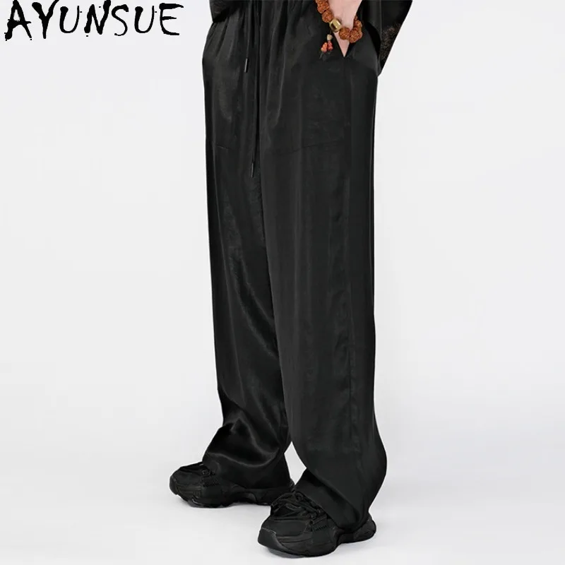 

Мужские брюки AYUNSUE из 100% натурального шелка тутового шелкопряда, летние, высококачественные, из водяной марли, атласные, повседневные, широкие штаны