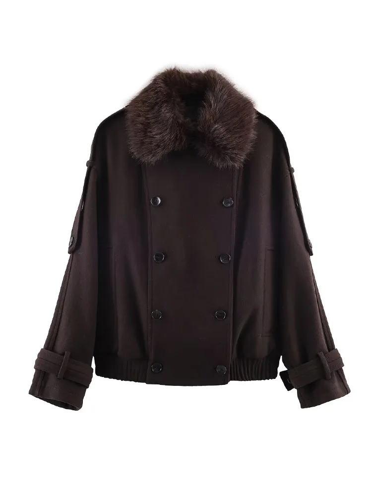

HH Woman's Spring New Fashion Coats Solid Fur Turn-Down Collar Long Sleeves Pocket Double Breasted Female High Street Jackets